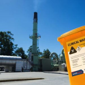 Clinical waste bin in front of Brisbane incineration plant