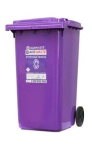 Purple cytotoxic waste bin with telophase symbol for chemotherapy waste disposal